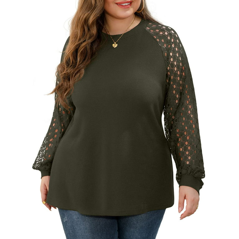 JWD Plus Size Tops For Women Lace Sleeve Blouse Waffle Knit Long Sleeve  Shirts Army Green-2X