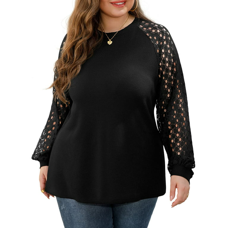 JWD Plus Size Tops For Women Lace Sleeve Blouse Waffle Knit Long Sleeve  Shirts Black-1X 