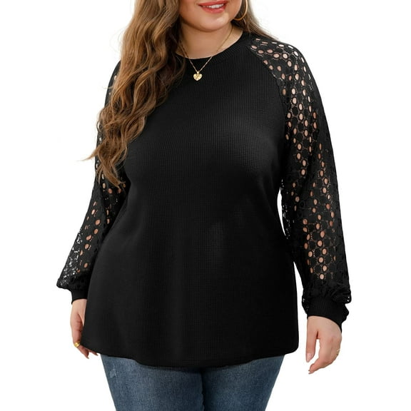 JWD Plus Size Tops For Women Lace Sleeve Blouse Waffle Knit Long Sleeve Shirts Black-2X