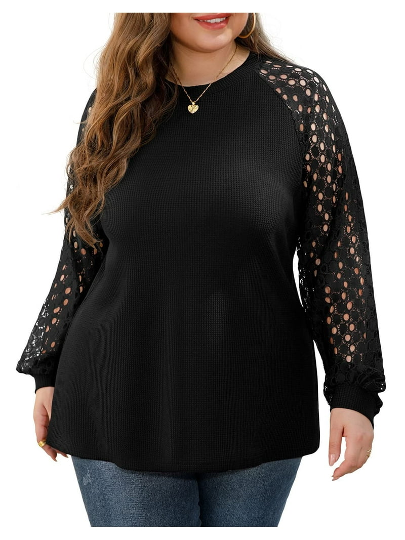 JWD Plus Size Tops For Women Lace Sleeve Blouse Waffle Knit Long