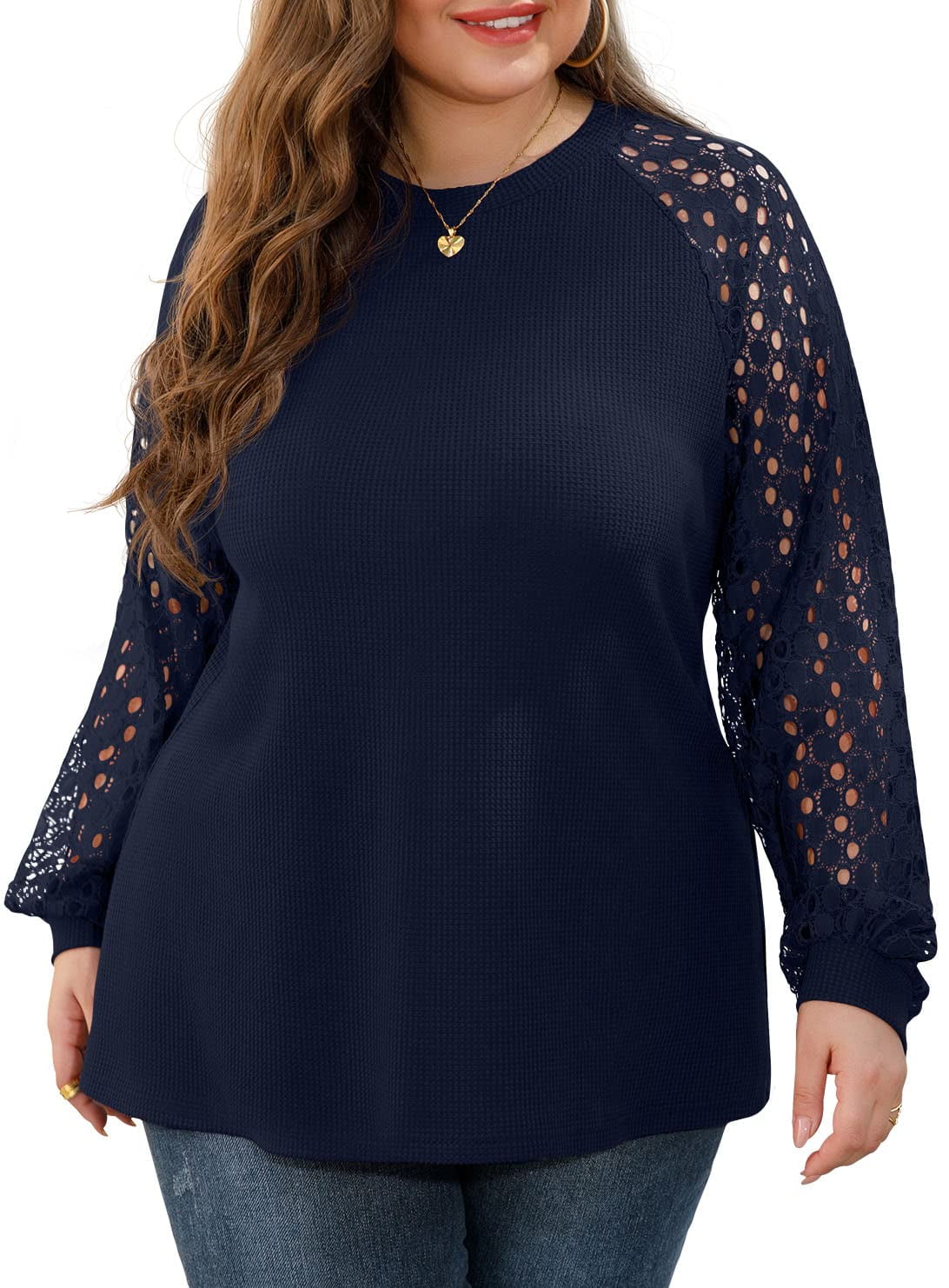  Plus Size Tops For Women Lace Sleeve Blouse Waffle Knit Long  Sleeve Shirts Royal Blue-2X