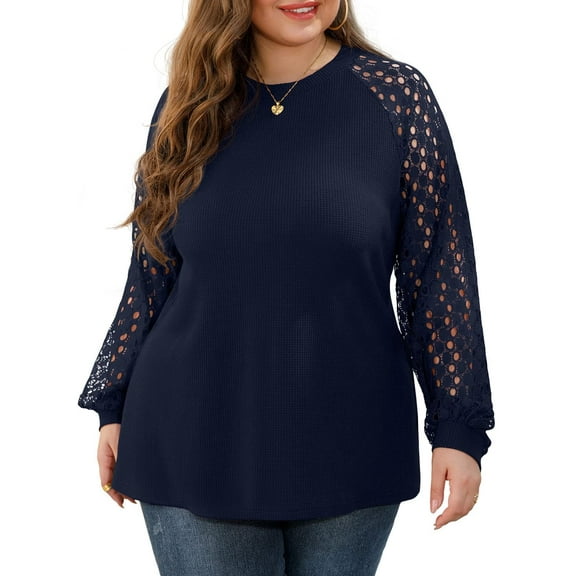 JWD Plus Size Tops For Women Lace Sleeve Blouse Waffle Knit Long Sleeve Shirts Navy Blue-4X