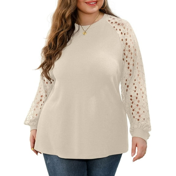 JWD Plus Size Tops For Women Lace Sleeve Blouse Waffle Knit Long Sleeve Shirts Oatmeal-3X