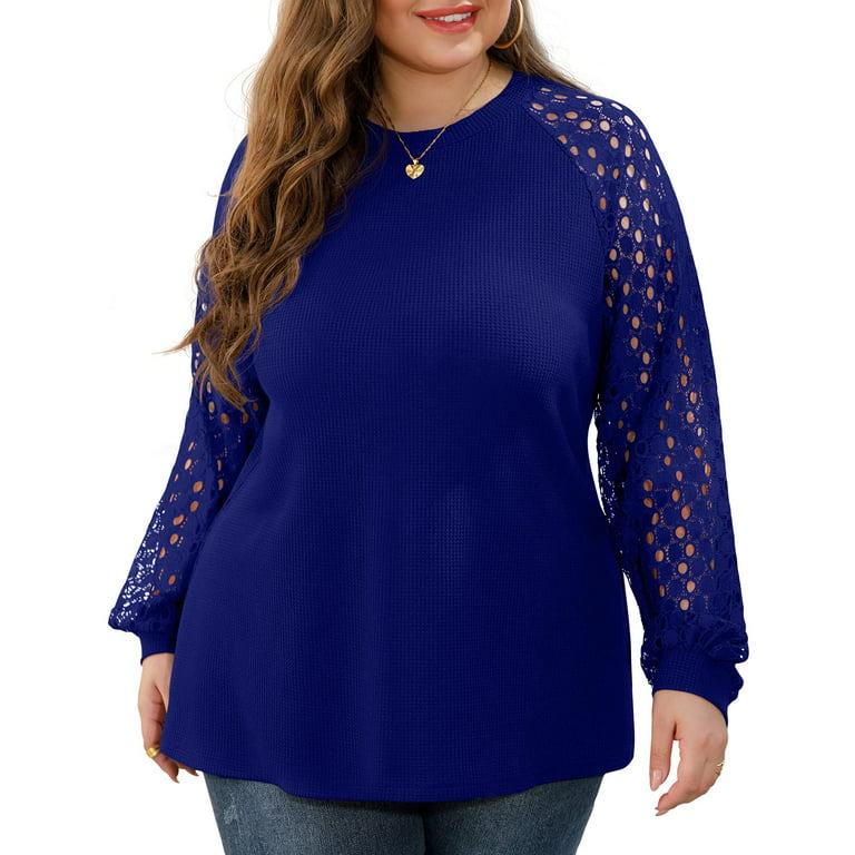 JWD Plus Size Tops For Women Lace Sleeve Blouse Waffle Knit Long Sleeve  Shirts Royal Blue-1X 