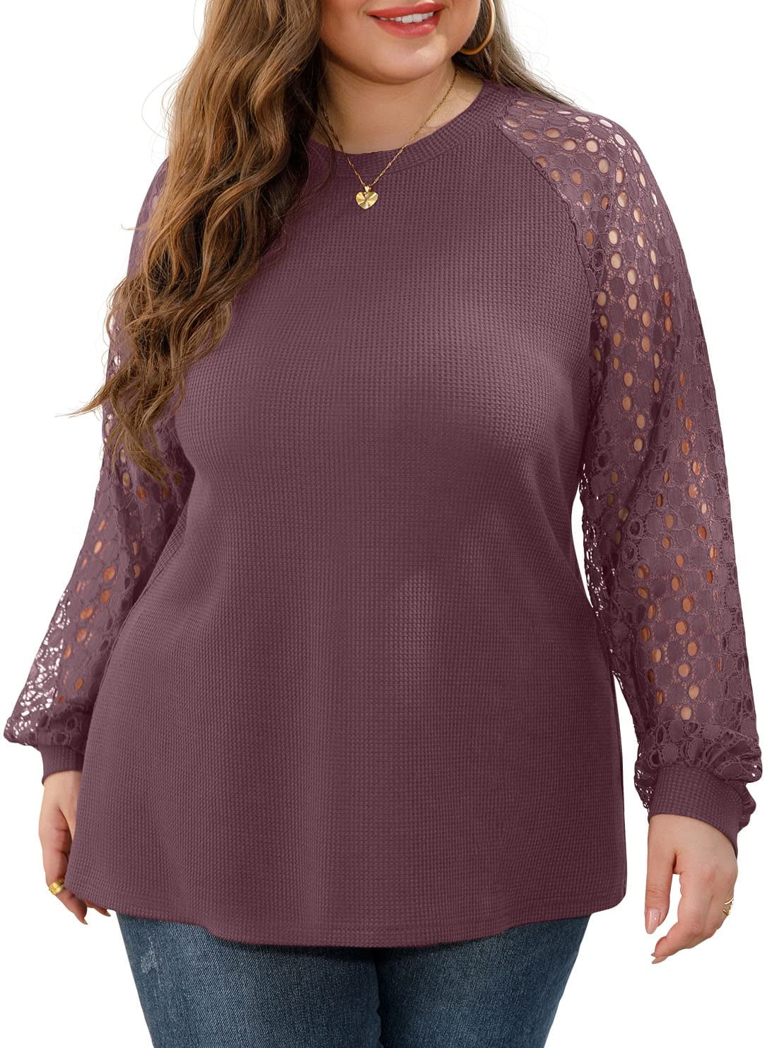 JWD Plus Size Tops For Women Lace Sleeve Blouse Waffle Knit Long Sleeve  Shirts Royal Blue-2X
