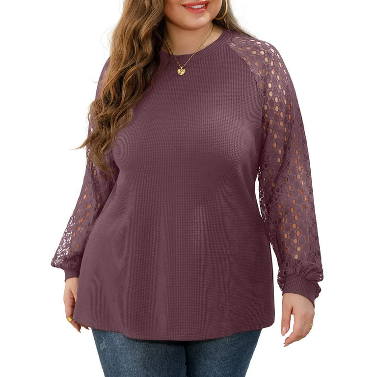 JWD Plus Size Tops For Women Lace Sleeve Blouse Waffle Knit Long Sleeve  Shirts Rust Red-3X 