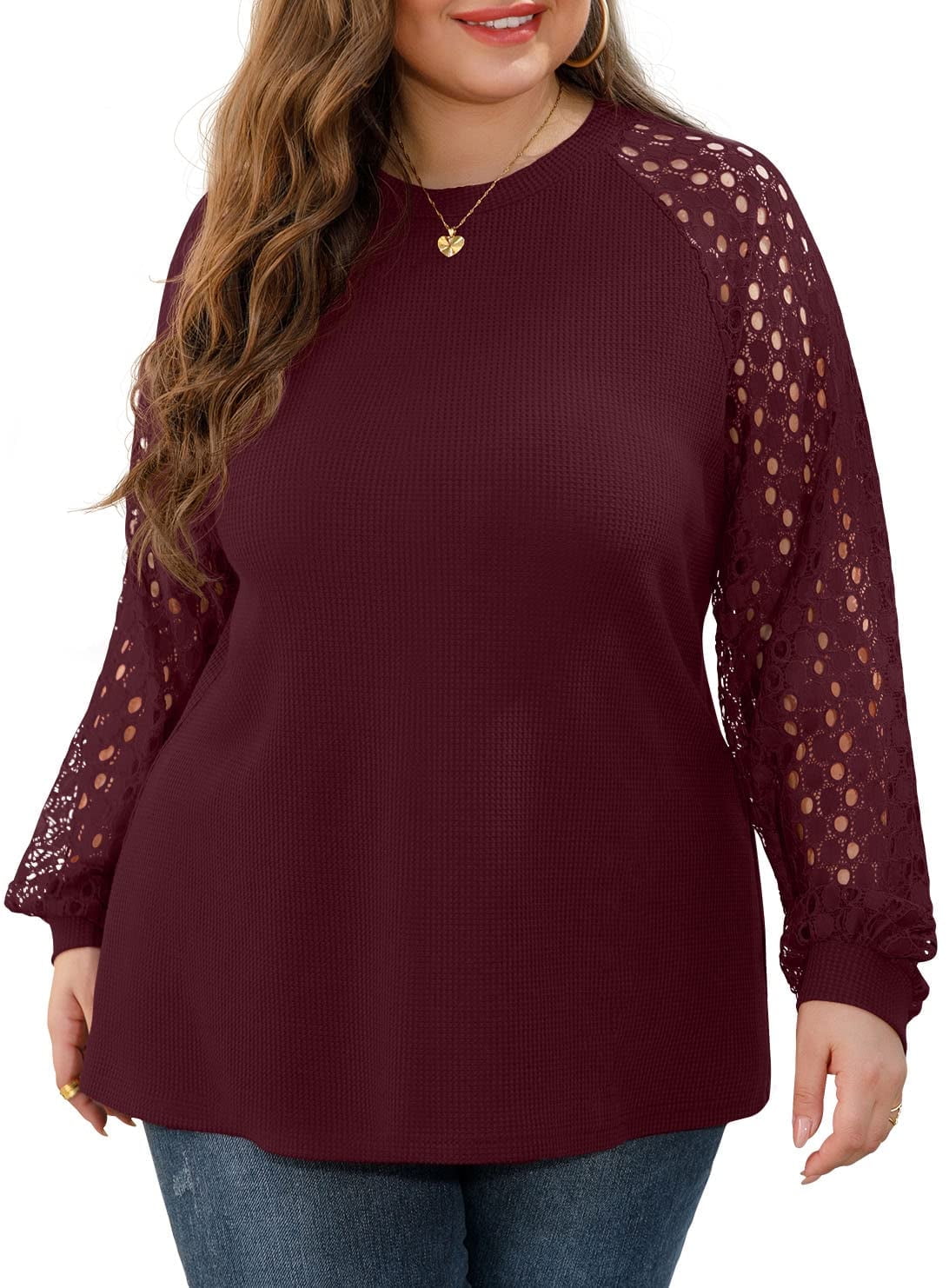 Plus Size Tops For Women Lace Sleeve Blouse Waffle Knit Long Sleeve Shirts Wine Red-2X