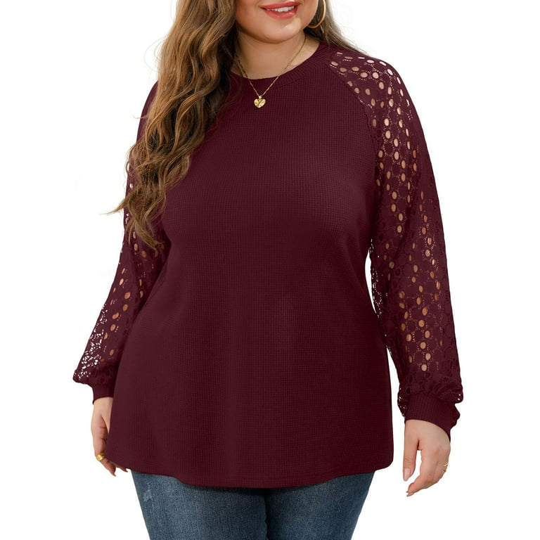 JWD Plus Size Tops For Women Lace Sleeve Blouse Waffle Knit Long Sleeve  Shirts Wine Red-3X