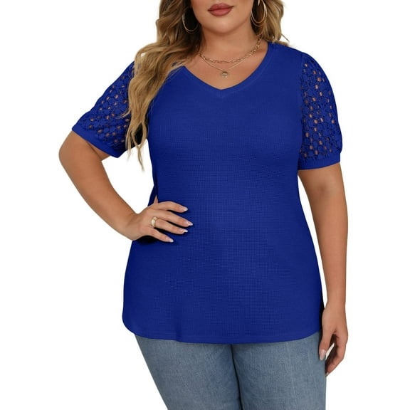 JWD Plus Size Tops For Women Summer Blouse Waffle Knit Short Lace Sleeve Shirts Plus Size Womens Clothes