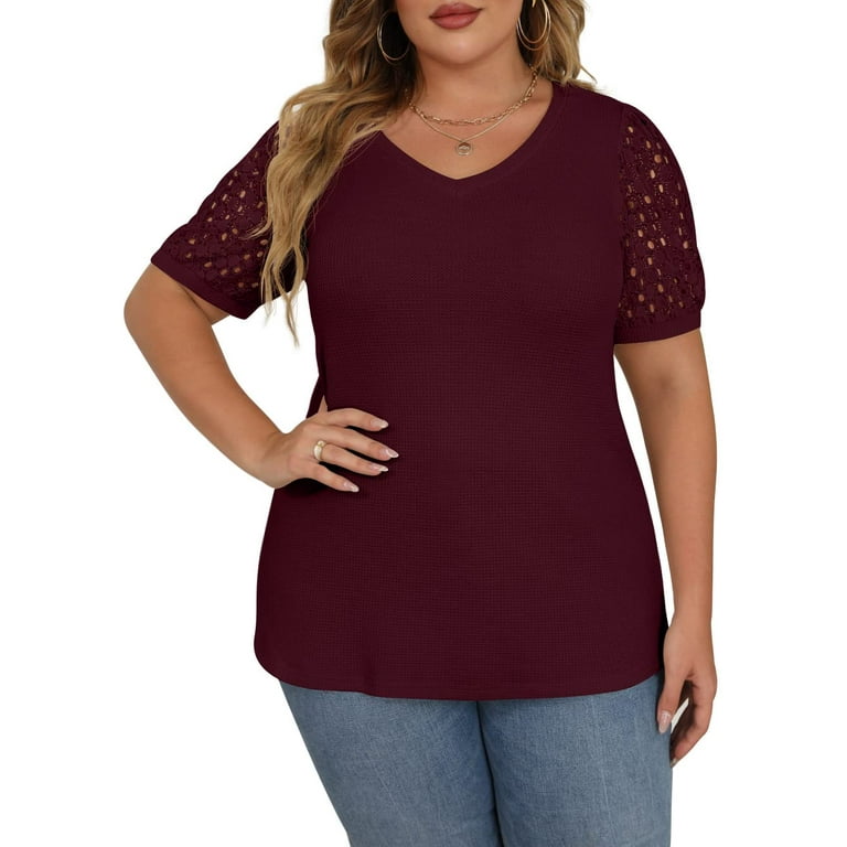 JWD Plus Size Tops For Women Summer Blouse Waffle Knit Short Lace Sleeve  Shirts Plus Size Womens Clothes