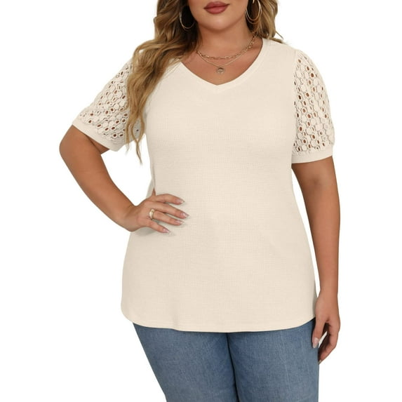 JWD Plus Size Tops For Women Summer Blouse Waffle Knit Short Lace Sleeve Shirts Plus Size Womens Clothes