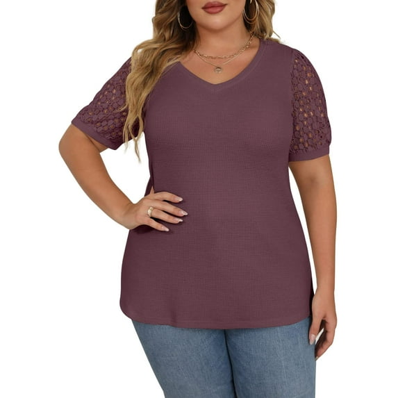 JWD Plus Size Tops For Women Summer Blouse Waffle Knit Short Lace Sleeve Shirts Plus Size Womens Clothes