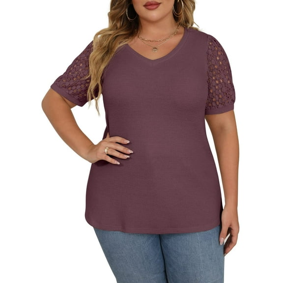 JWD Plus Size Tops For Women Summer Blouse Waffle Knit Short Lace Sleeve Shirts Plus Size Womens Clothes