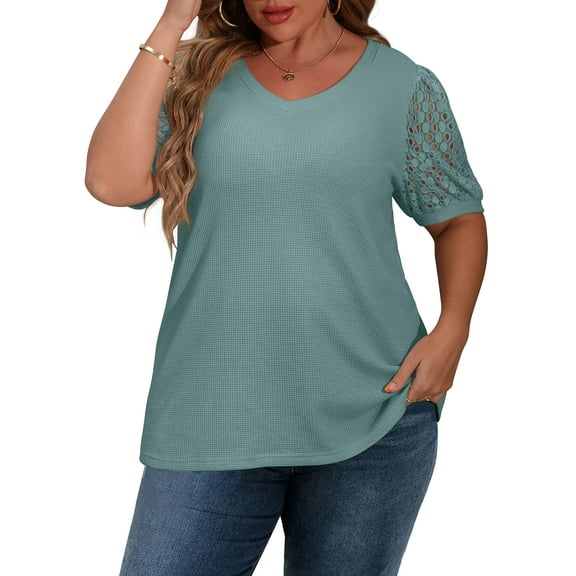 JWD Plus Size Tops For Women Summer Blouse Waffle Knit Short Lace Sleeve Shirts Plus Size Womens Clothes