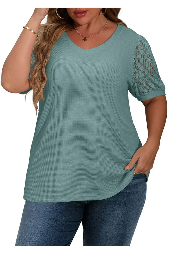Plus Size Tops For Women Summer Blouse Waffle Knit Short Lace Sleeve Shirts Plus Size Womens Clothes