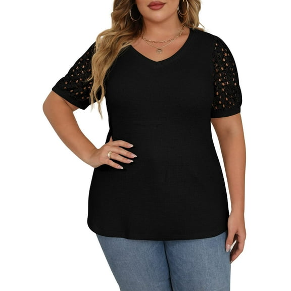 JWD Plus Size Tops For Women Summer Blouse Waffle Knit Short Lace Sleeve Shirts Plus Size Womens Clothes