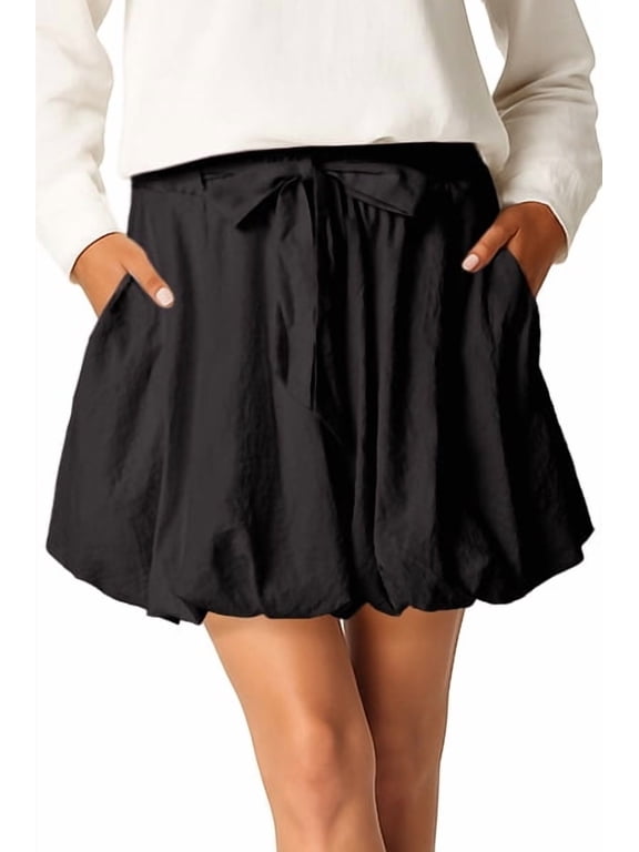 Women's High Waisted Bubble Skorts Paperbag Elastic Waist Mini Skirt with Pockets Casual Summer Cute Ruffle Tie Belt Short Pants Black L
