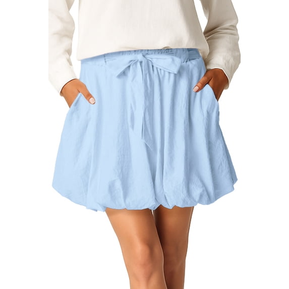 JWD Women's High Waisted Bubble Skorts Paperbag Elastic Waist Mini Skirt with Pockets Casual Summer Cute Ruffle Tie Belt Short Pants Sky Blue XL