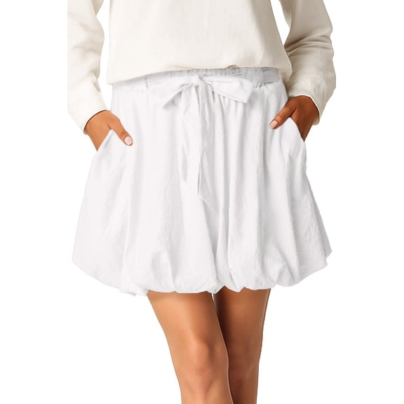 JWD Women's High Waisted Bubble Skorts Paperbag Elastic Waist Mini Skirt with Pockets Casual Summer Cute Ruffle Tie Belt Short Pants White 2XL