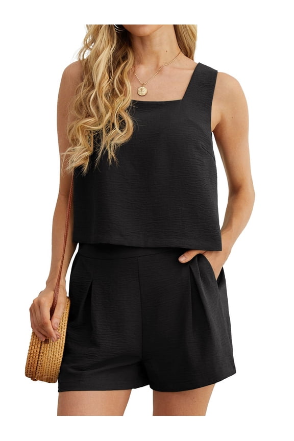 Women's 2 Piece Square Neck Sleeveless Shorts Casual Set Women's Summer Top Black L