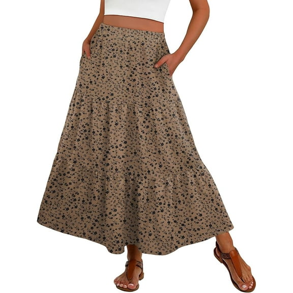 JWD Summer Maxi Skirt for Women Boho Lightweight Flowy Tiered Long Beach Skirts with Pockets Khaki Black Flower L