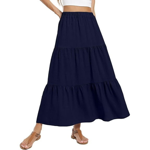 JWD Summer Maxi Skirt for Women Boho Lightweight Flowy Tiered Long Beach Skirts with Pockets Navy Blue L