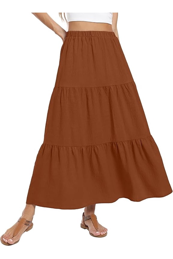 Summer Maxi Skirt for Women Boho Lightweight Flowy Tiered Long Beach Skirts with Pockets Rust L