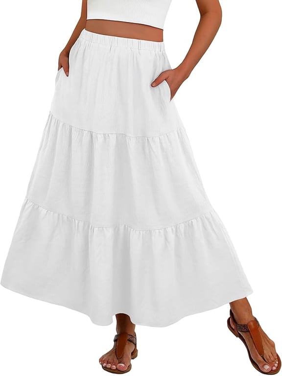 Summer Maxi Skirt for Women Boho Lightweight Flowy Tiered Long Beach Skirts with Pockets White L