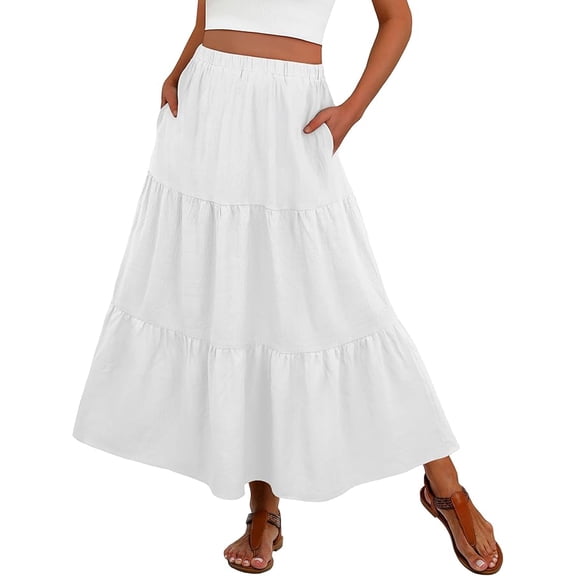 JWD Summer Maxi Skirt for Women Boho Lightweight Flowy Tiered Long Beach Skirts with Pockets White M