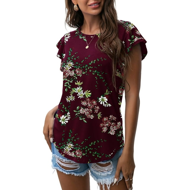 JWD Summer Ruffle Short Sleeve Knit Tunic Tops Shirts Tank Tee Blouse For Women FP Wine Red US Large