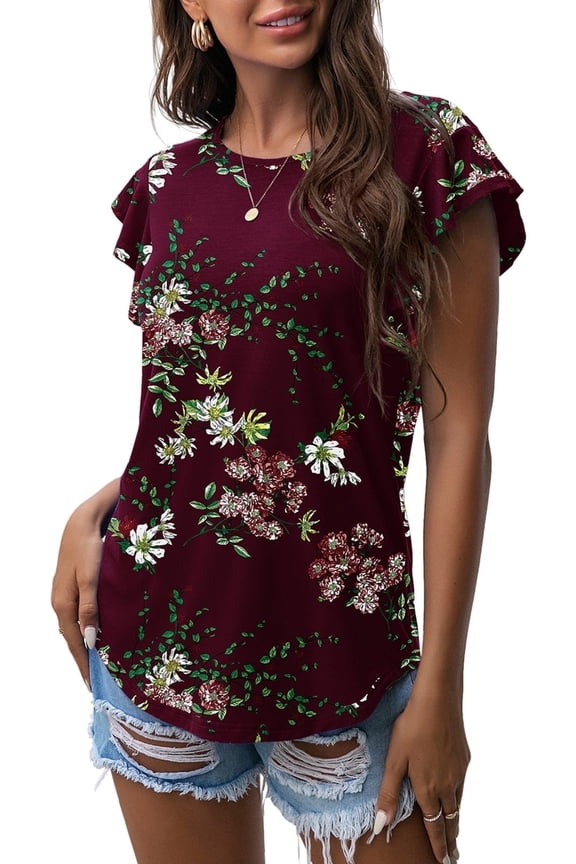 Summer Ruffle Short Sleeve Knit Tunic Tops Shirts Tank Tee Blouse For Women FP Wine Red US Large