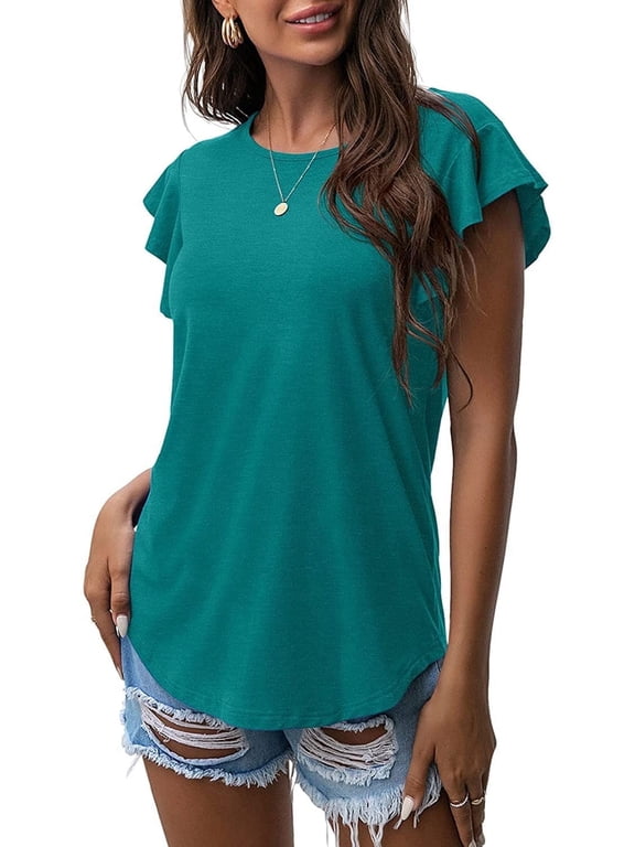 Summer Ruffle Short Sleeve Knit Tunic Tops Shirts Tank Tee Blouse For Women