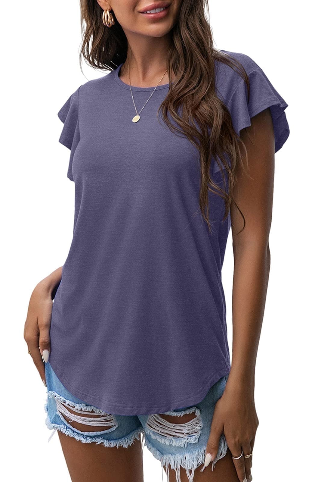 JWD Women's Summer Ruffle Short Sleeve Knit Tunic Tops Casual Blouse ...