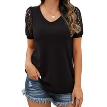 JWD Waffle Knit Lace Short Sleeve Blouses V Neck T Shirts Summer Casual Tops For Women Black Large