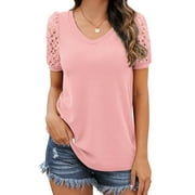 JWD Waffle Knit Lace Short Sleeve Blouses V Neck T Shirts Summer Casual Tops For Women Pink Medium