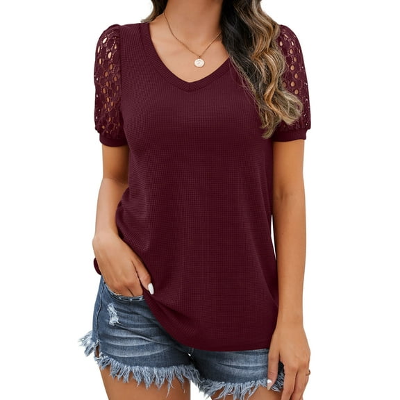 JWD Waffle Knit Lace Short Sleeve Blouses V Neck T Shirts Summer Casual Tops For Women Wine Red Large