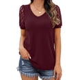 thumbnail image 1 of JWD Waffle Knit Lace Short Sleeve Blouses V Neck T Shirts Summer Casual Tops For Women Wine Red Small, 1 of 6