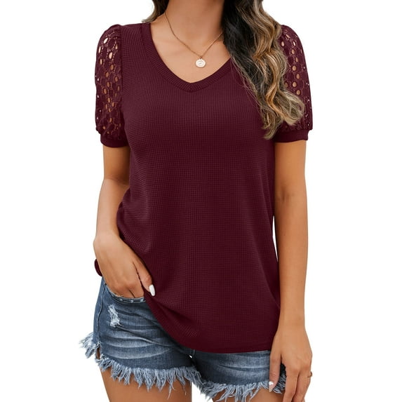 JWD Waffle Knit Lace Short Sleeve Blouses V Neck T Shirts Summer Casual Tops For Women Wine Red X-Large