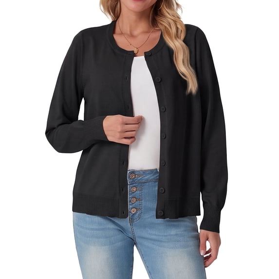 JWD Women Open Front Cardigan Buttons Long Sleeve Lightweight Knit Sweater Black 2XL