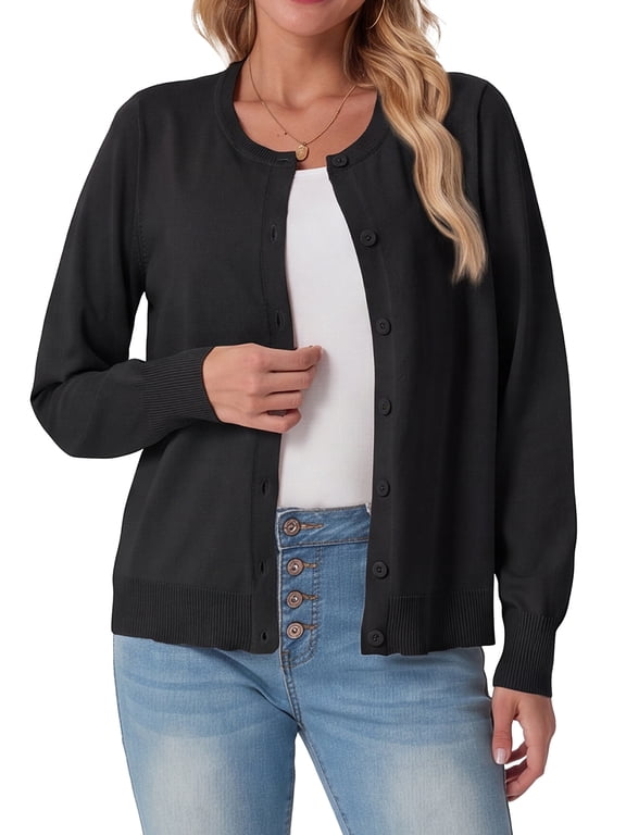 Women Open Front Cardigan Buttons Long Sleeve Lightweight Knit Sweater Black L