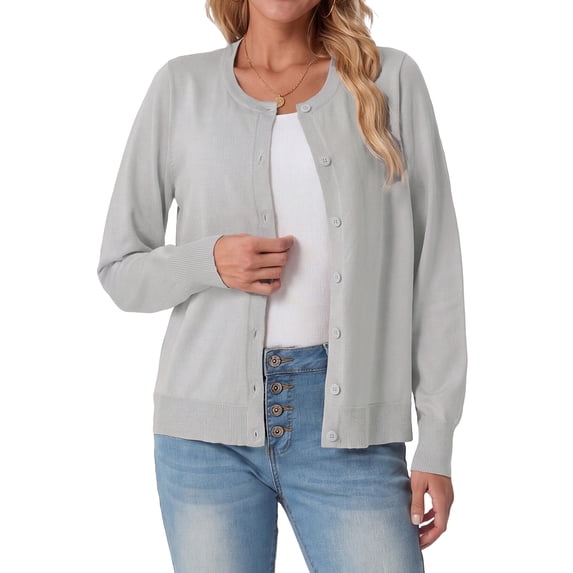 JWD Women Open Front Cardigan Buttons Long Sleeve Lightweight Knit Sweater Light Gray L