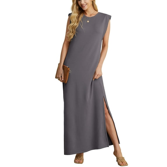 JWD Women Summer Round Neck Casual Loose Split Wrinkle-Free Long Maxi Vacation Dress with Pockets Dark Gray M