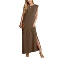 thumbnail image 1 of JWD Women Summer Round Neck Casual Loose Split Wrinkle-Free Long Maxi Vacation Dress with Pockets Army Green M, 1 of 10