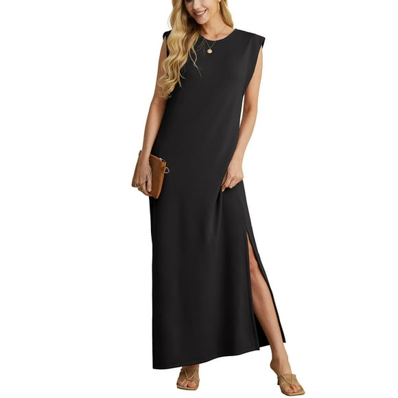 Women Summer Round Neck Casual Loose Split Wrinkle-Free Long Maxi Vacation Dress with Pockets Black L