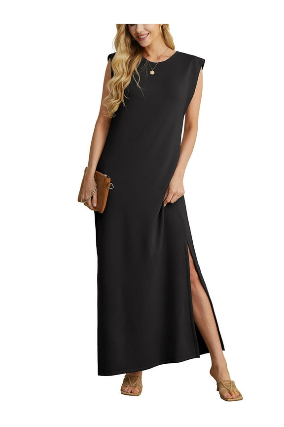 Women Summer Round Neck Casual Loose Split Wrinkle-Free Long Maxi Vacation Dress with Pockets Black L