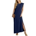 thumbnail image 1 of JWD Women Summer Round Neck Casual Loose Split Wrinkle-Free Long Maxi Vacation Dress with Pockets Navy Blue L, 1 of 10