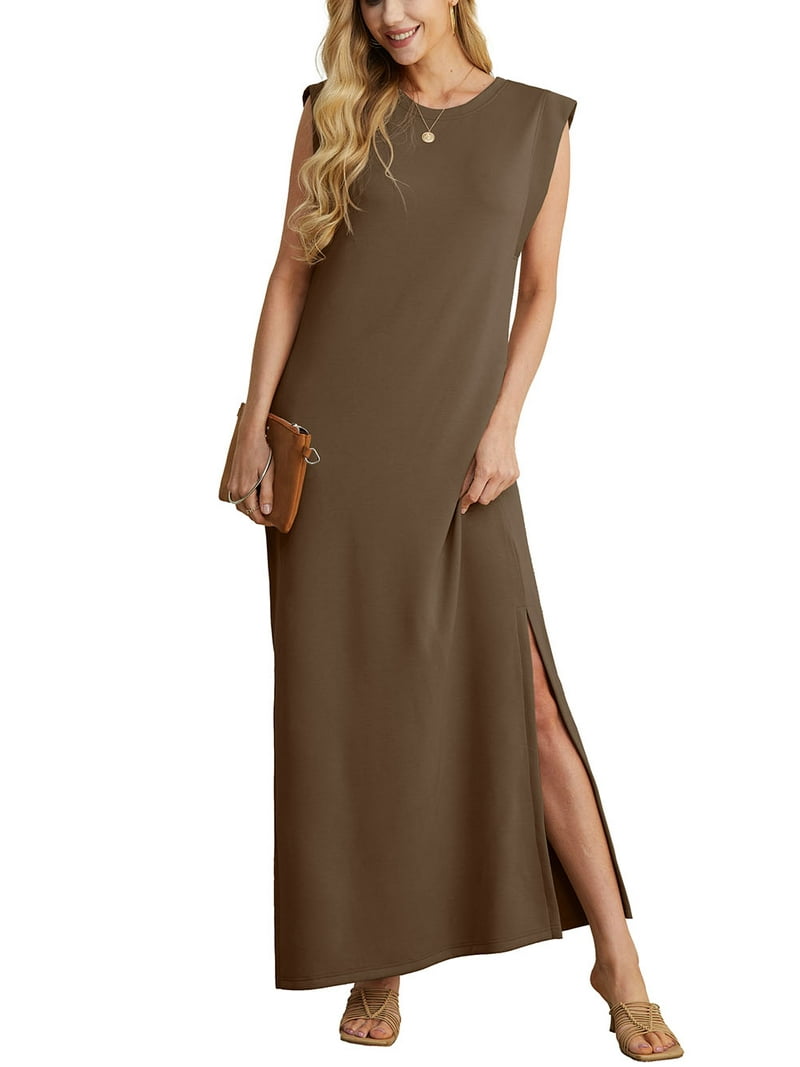 スカート shell wrinkle long onepiece 3COL JWD Women Summer Round Neck Casual Loose Split Wrinkle-Free