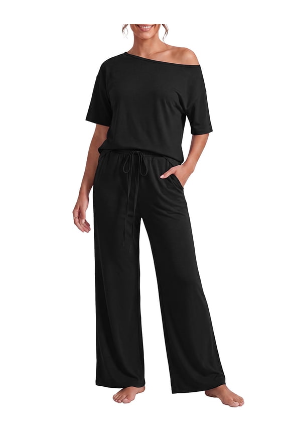 Women's 2 Piece Pajama Set Off-Shoulder Short Sleeve Top And Wide Leg Lounge Pants Soft Cozy Sleepwear Loungewear Black L