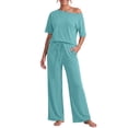 thumbnail image 1 of JWD Women's 2 Piece Pajama Set Off-Shoulder Short Sleeve Top And Wide Leg Lounge Pants Soft Cozy Sleepwear Loungewear Haze Blue 2XL, 1 of 7