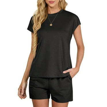 JWD Outfit Sets for Women 2 Piece Sets Casual Short Sleeve Pullover Tops and Elastic Waist Knitted Shorts Black L
